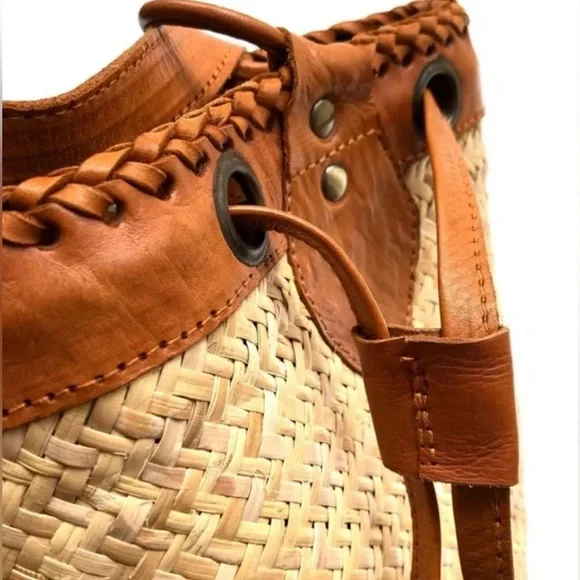 Anthropologie Street Level Boho Backpack Rattan Leather Tassels Circle Bag NWOT - Picture 10 of 10